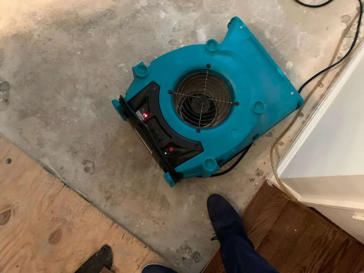 Air mover drying subfloor during Commercial Water Damage Restoration in Wixom